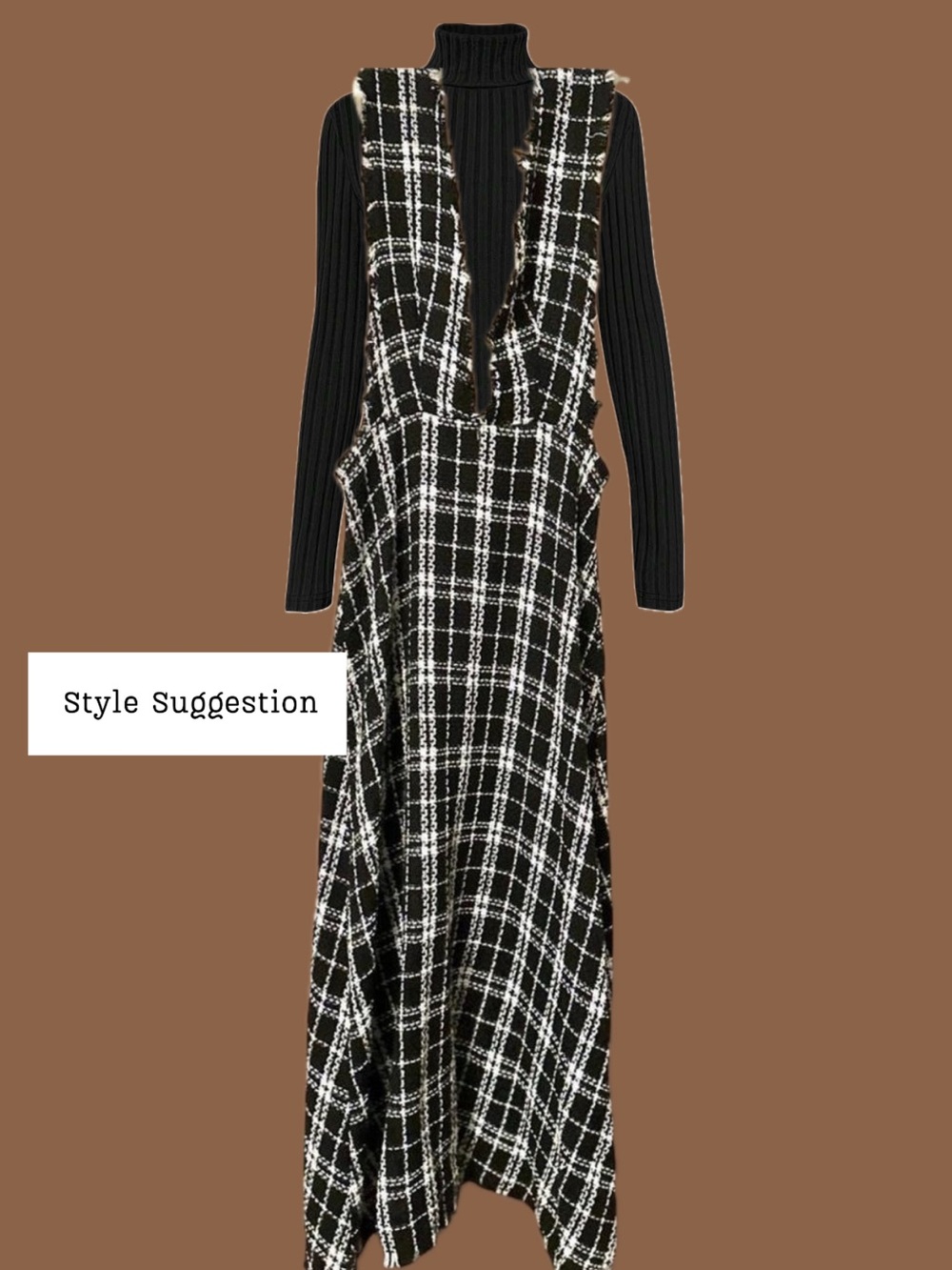 Black & White Tweed Plaid Knit Pinafore Dress with Deep V & Frayed Edges
